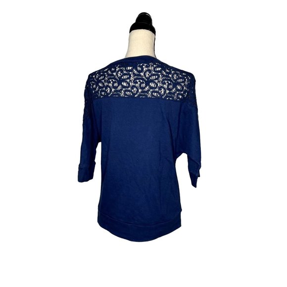 A.n.a. Blue 3/4 Sleeve Lace Yoke Round Neck Cotton-Blend Top Size Small - Picture 3 of 7